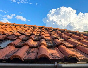 Orange tiled roof with black staining against a bright blue sky with a fluffy white cloud