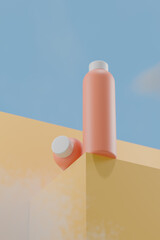 Coral reusable water bottles on yellow ledge with blue sky 3d rendering.