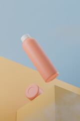 Coral reusable water bottles on yellow ledge with blue sky 3d rendering.