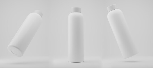 Minimal reusable water bottles mockup on glossy background, 3d renderign.