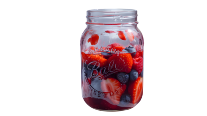 Fresh mixed berries including strawberries blueberries and raspberries soaking in water inside a glass mason jar on transparent background