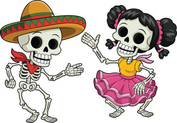 Cute dancing skeleton couple illustration, Day of the Dead characters wearing traditional clothes, funny cartoon Halloween vector isolated