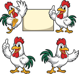 Funny cartoon chicken character set presenting blank sign playful rooster mascot illustration isolated on white background colorful vector design