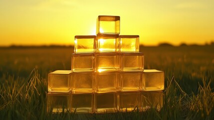 Perfectly balanced stacks of translucent resin blocks glow in the warm light of a sunset outdoors on grass