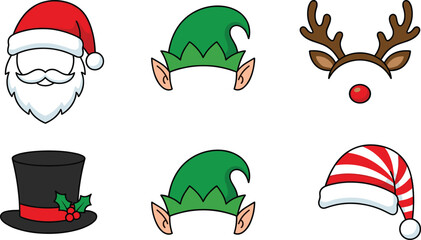 Obraz premium Christmas cartoon headwear, Santa hat, elf hat, reindeer antlers, holiday costume, festive accessories, winter clipart, seasonal vector illustration