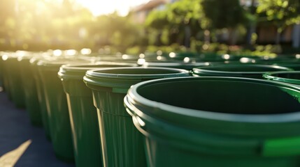 Rows of green plastic waste disposal containers lined up outdoors in sunlight
