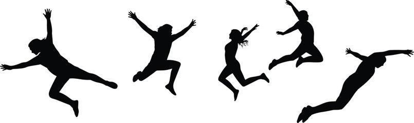 Jumping people silhouettes set showing energetic motion freedom joy active lifestyle human action poses isolated on white background
