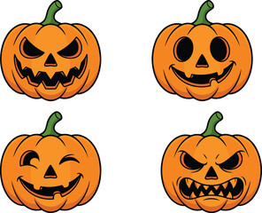 Cute halloween pumpkin faces set, funny scary jack o lantern expressions, cartoon spooky pumpkins illustration for kids, stickers, design