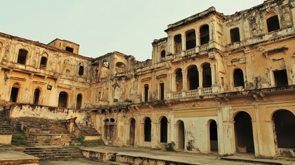 Fototapeta premium Intricately carved facade of an ancient decaying palace with ornate balconies and crumbling walls