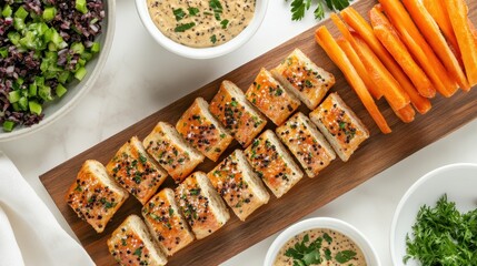 Savory pretzel snacks with mustard dip arranged on wooden board
