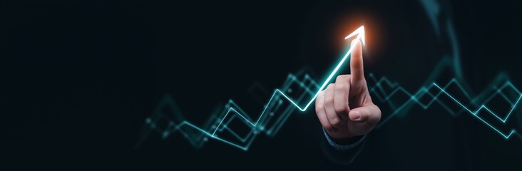 Hand touching glowing arrow upward on dark background for business growth and financial success investment strategy and stock market chart analysis