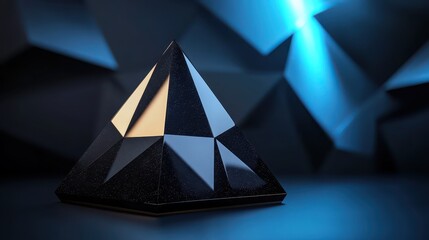 Polished obsidian pyramid sculpture with sharp geometric facets illuminated by blue light