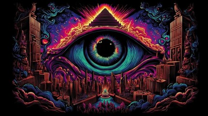 Obraz premium Trippy and magical background with mushrooms and tunnel in vibrant 3D, great for social media content for alternative culture, video game environments, or projects about inner vision and transformatio