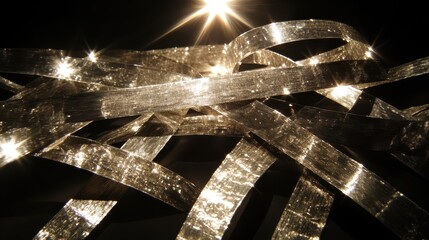 Sculptural metallic ribbons with a bright starburst light effect twisting and intertwining creating a shimmering abstract pattern