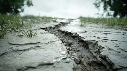 Saturated muddy earth clinging to sharp exposed rock with grass sprouts under a cloudy sky