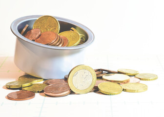 Euro coins and banknotes, copy space.