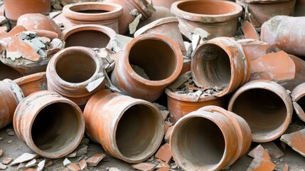 Scattered terracotta pipes and fragments lying on the ground