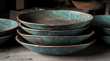 Stacked Oxidized Bronze Plates Showing Deep Green Verdigris