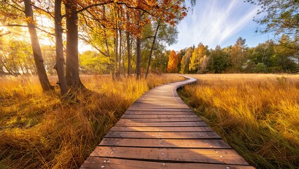 Cinematic Autumn Forest Boardwalk with Golden Sunlight and Warm Seasonal Foliage
