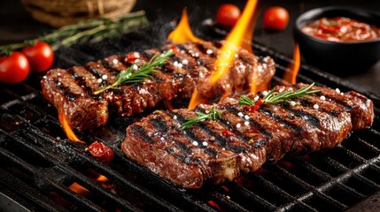 Steaks sizzling on a grill with flames and rosemary