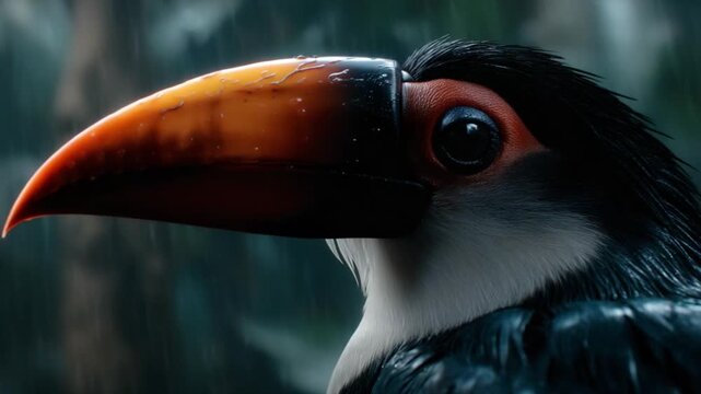 wide cinematic frame of toucan in dense jungle rainstorm, saturated environmental colors, atmospheric depth