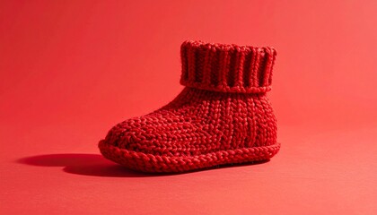 Red knitted baby bootie on red background.