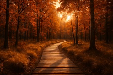 Cinematic Autumn Forest Boardwalk with Golden Sunlight and Warm Seasonal Foliage

