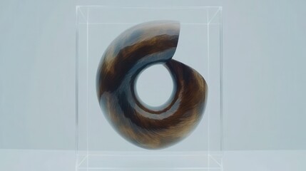 Stylized abstract sculpture of a perfect unbroken spiral shape in clear acrylic case