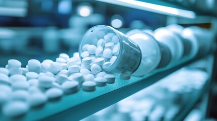 Sterile water purification tablets spill from containers on a shelf