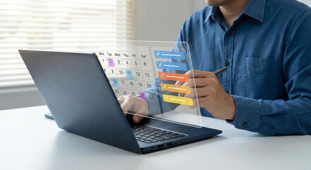 Digital calendar and checklist interface showing smart time management, track goal, daily planning, and productivity tracking. man with laptop to organize schedule and optimize workflow efficiently