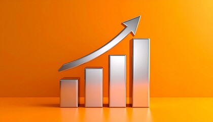 3D bar chart with upward arrow on orange.