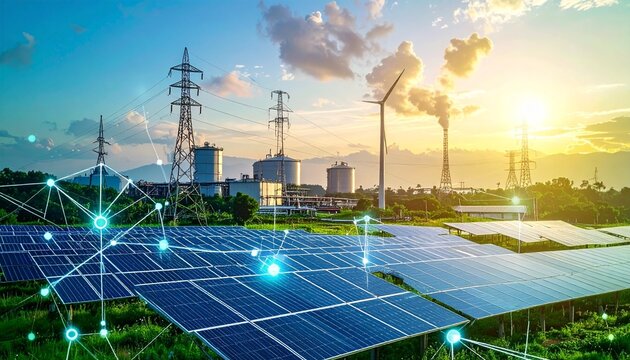 Hybrid energy landscape with solar and industrial elements.
