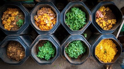Overhead view of hexagonal compost bins filled with organic matter