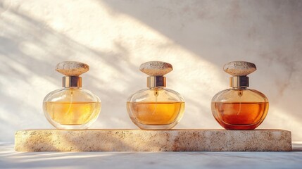 Three elegant perfume bottles on a travertine stone shelf