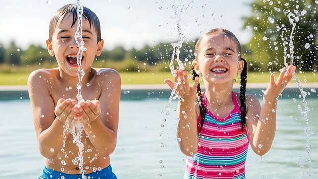 Two joyful children, a boy and a girl, happily splashing and playing with water in an outdoor pool on a bright summer day.