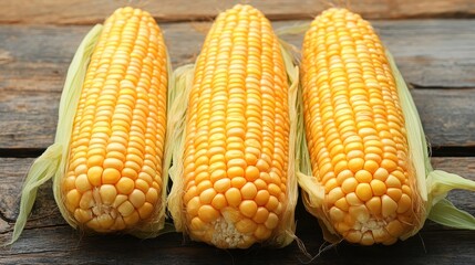 Three ripe golden corn cobs with husks partially peeled