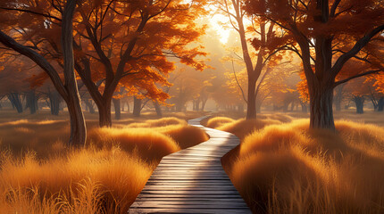 Cinematic Autumn Forest Boardwalk with Golden Sunlight and Warm Seasonal Foliage

