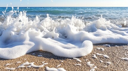 Turbulent ocean waves with white foam crests crashing onto a pebble beach under a clear blue sky