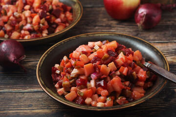 A bowl with traditional Rosolli salad, Finnish cuisine	
