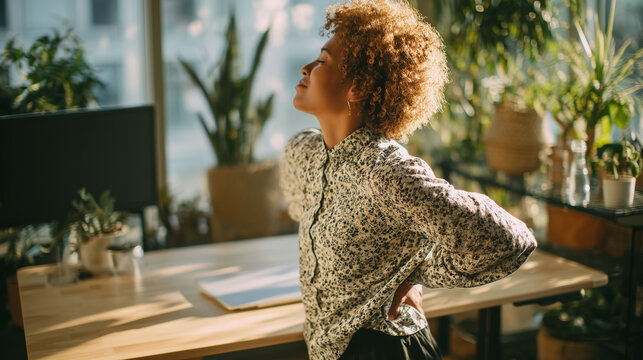 Black nonbinary professional doing a torso stretch next to a standing desk. Inclusive workplace wellness moment with natural light. Nonbinary man stretching at desk in office, wellbeing at work.