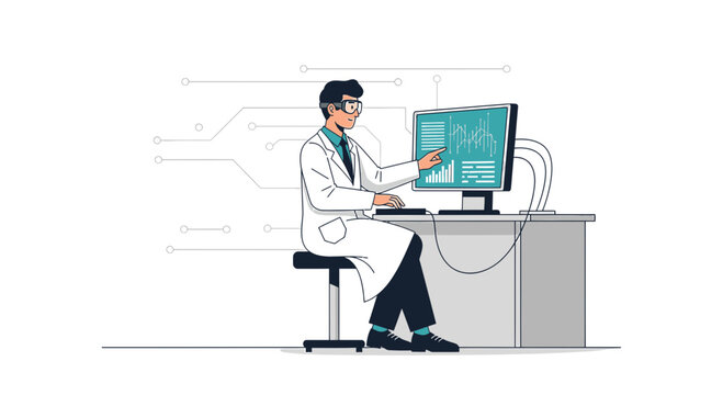 Scientist examining data charts and diagrams on a computer screen in a lab setting
