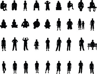 Large vector set of diverse black silhouettes, men, women, and children sitting, kneeling, and standing in casual poses, isolated on white for architectural drawings.