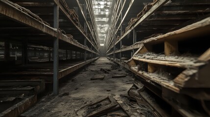 Fototapeta premium Rows of empty metal shelves in a large derelict industrial warehouse with decaying debris on the floor