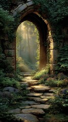Naklejka premium Golden sunlight streams through a stone archway covered in green ivy plants. A winding stone path leads into a dreamy garden. Bright light illuminates