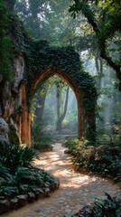 Fototapeta premium Golden sunlight streams through a stone archway covered in green ivy plants. A winding stone path leads into a dreamy garden. Bright light illuminates