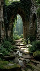 Obraz premium Golden sunlight streams through a stone archway covered in green ivy plants. A winding stone path leads into a dreamy garden. Bright light illuminates