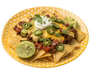 Loaded Nachos on Yellow Plate PNG Transparent Background