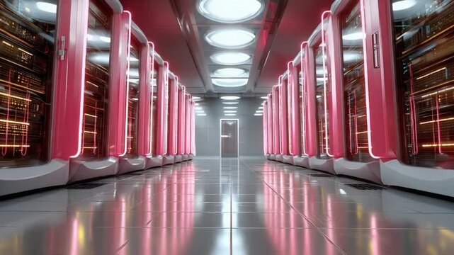 Data Center Corridor: A long, meticulously designed corridor inside a cutting-edge data center, showcasing rows of high-tech servers bathed in ambient lighting.