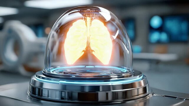 Glowing Lungs Display: Illuminated lungs, encapsulated in a transparent display, sit in an advanced medical lab environment. A symbol of internal well-being and progress.