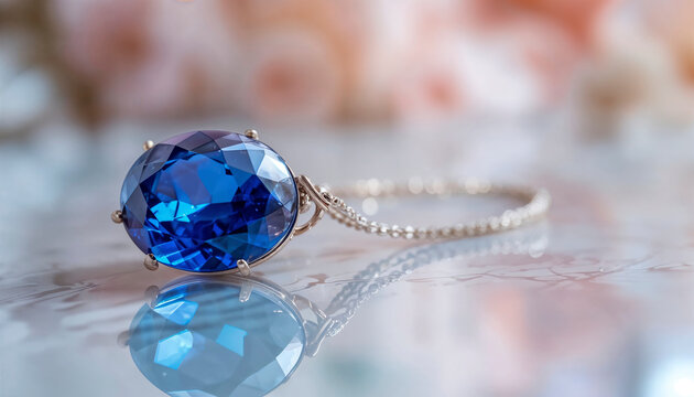 Deep Blue Gemstone Ring on Reflective Surface with Soft Bokeh